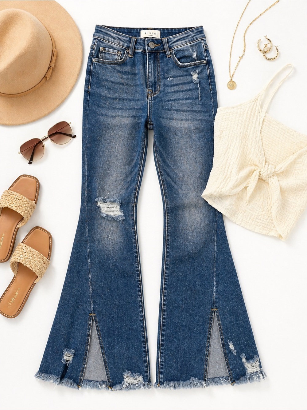 NWT Risen Los Angeles Distressed Flare Jeans Size 7/28 High Rise Raw Hem Gift - Picture 2 of 6